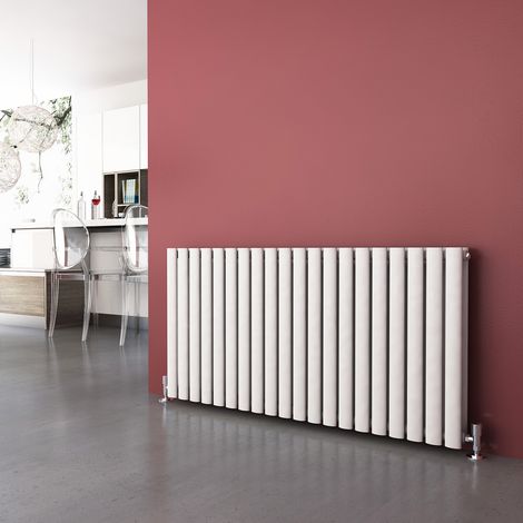 ELEGANT 600 x 1190 mm Efficient White Column Radiators Horizontal Double Oval Panel Central Heating Rads + Anthracite Thermostatic Radiator Valves (1/5)