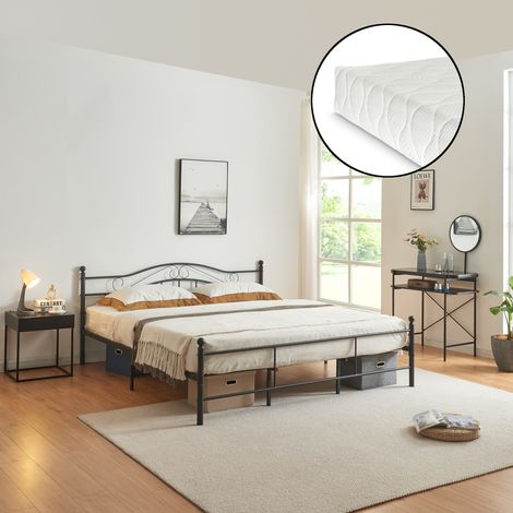 Cama doble (Florencia) con cabecero curvado, colchón y  somier metal 180 x 200cm - Negro [en.casa] (1/5)