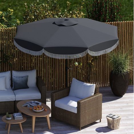 Parasol de jardín Ø269 cm gris oscuro de poliéster con protección UV 30+, manivela e inclinación (1/5)