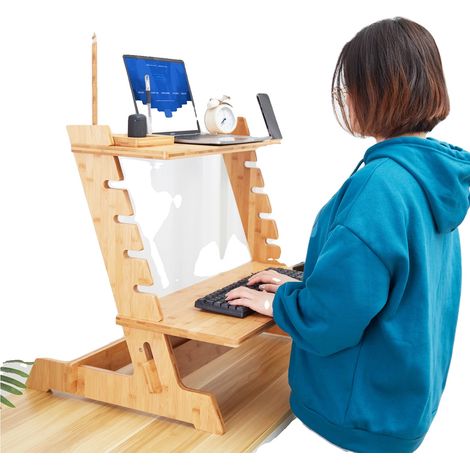 Convertisseur de bureau debout réglable en hauteur, Bambou, 66x46x48 cm, Convient aux écrans jusqu'à 20 pouces, Capacité de poids de 5 kg par étagère, Hauteur réglable de 22-46 cm (1/5)