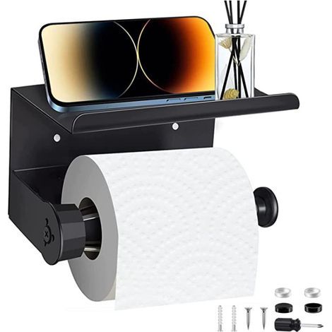 Porta Carta Igienica da Parete con Mensola, Porta Rotolo Adesivo per Bagno, Supporto Carta Igienica da Parete senza Foratura, Dispenser Carta WC - Nero Opaco (1/4)