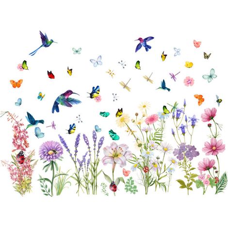 Sticker Mural - Fleurs Papillons Oiseaux - Auto-Adhésif Sans Résidu - Pour Murs Portes Fenêtres Meubles Carreaux - Lot de 1 (1/5)