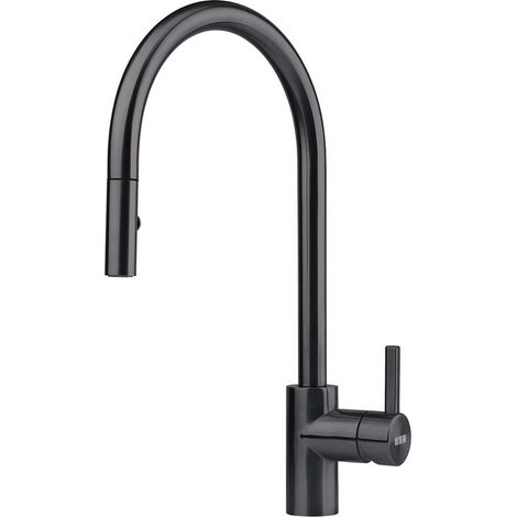 Franke – Mitigeur d'évier noir Eos Neo – Douchette extractible 180° – Inox avec mousseur – Hauteur 433 mm – Débit 9 l/min (1/5)