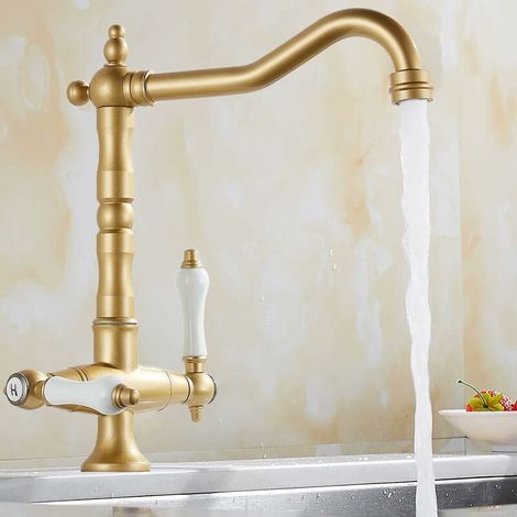 Robinet Cuisine - Laiton - Commande Double - Pivotant 360° - Compatible Eau Chaude Froide - Bronze Vieilli - Pour Évier Cuisine Salle De Bain - 1 Pièce