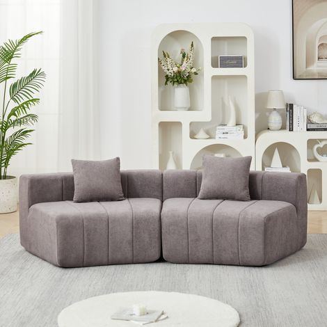 Módulo de sofá curvo gris de chenilla con 2 cojines, diseño modular de semicírculo (1/5)
