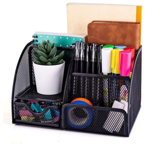 Organiseur de bureau et accessoires en maille filet avec 6 compartiments + tiroir shouna-b L Noir-ARCAN (1/5)