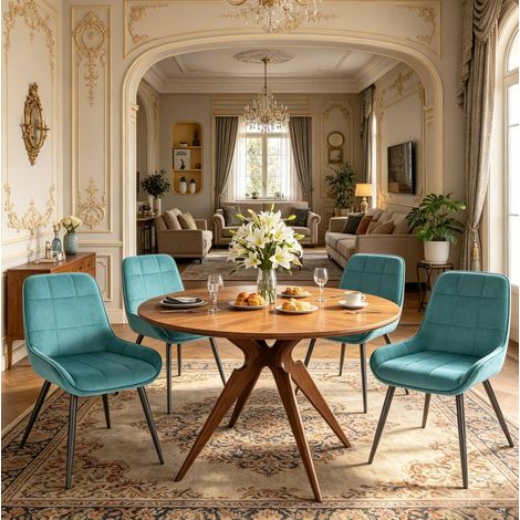 Lot de 4 chaises de salle à manger en velours turquoise et métal, 81,5 cm, REDOM (1/5)