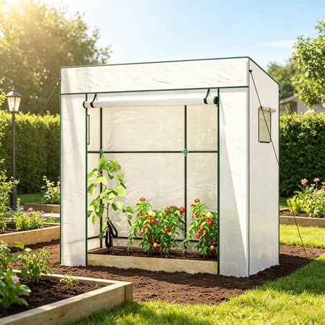 Serre de jardin adossée à un mur, avec 1 porte enroulable, bâche en polyéthylène renforcée et 2 fenêtres (1/5)
