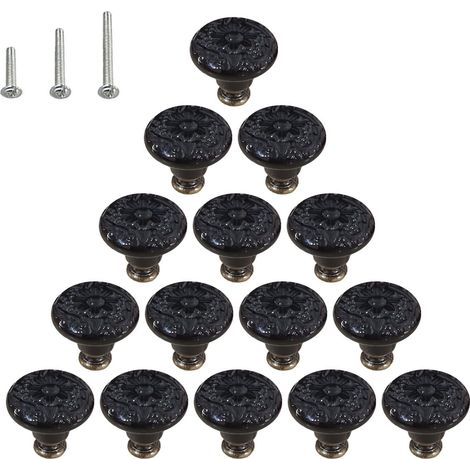 Lot de 15 poignées de commode en céramique brillante style champignon avec 3 vis de montage, noires (1/5)