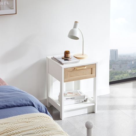 Table d'appoint en rotin avec tiroir, table de chevet moderne, meuble d'appoint pour salon, chambre, blanc - H55/L40/P40 cm (1/5)