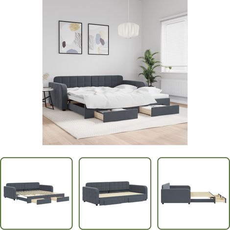 vidaXL Doppelbett - Tagesbett Ausziehbar mit Schubladen Dunkelgrau 100x200 cm Samt (1/5)