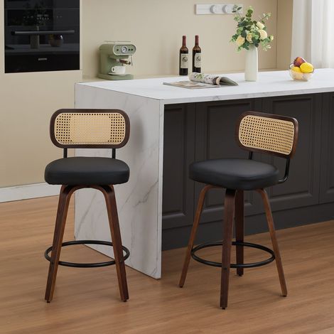Lot de 2 tabourets de bar pivotants noyer noir dossier cannage assise rembourrée hauteur 66 cm pour îlot (1/5)