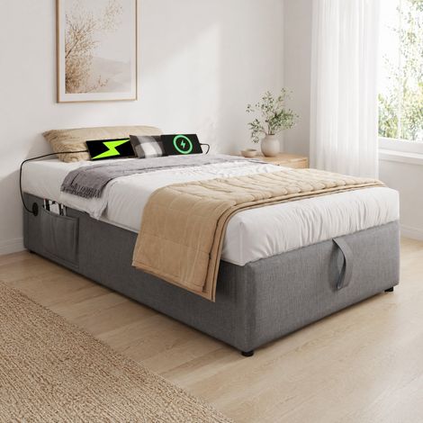 lit coffre 90x190 avec USB Type-C gris HAVRYA (1/5)