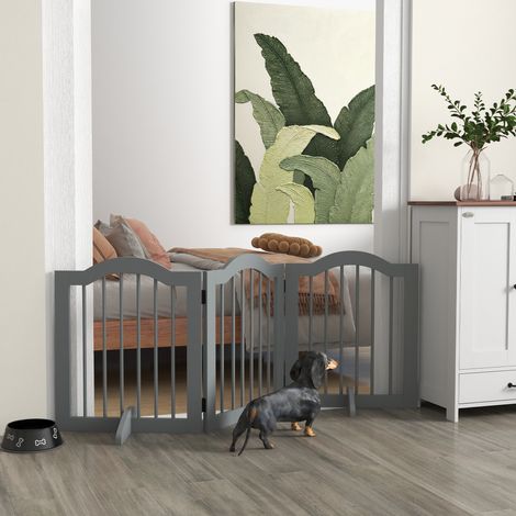 Absperrgitter Hund 3-teilig, 154,5 x 61 cm Faltbar Hundegitter mit Tür, 2 Stützfüßen Hellgrau