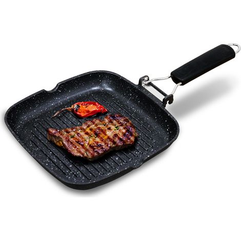 Briebe GP1158 Grill Asador, Inducción, Antiadherente Titanio 24x24cm Aluminio Fundido sin PFOA Mango Plegable  Negro (1/5)