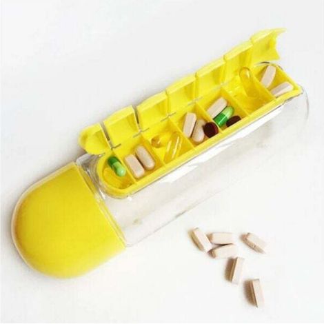 Bouteille d'eau de sport avec insert Organisateur de boîte quotidienne de 7 jours Verre à boire de qualité alimentaire de qualité médicale Jaune (1/4)
