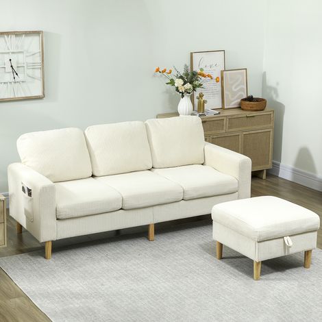 Dreisitzer-Sofa mit Fußstütze, Cordbezug, gepolsterter Sitzfläche und Rückenlehne, 192 x 138 x 85 cm, beige