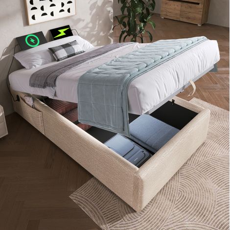 Cama tapizada 90/200 cm beige y natural de lino con arcón, USB y USB-C (1/5)