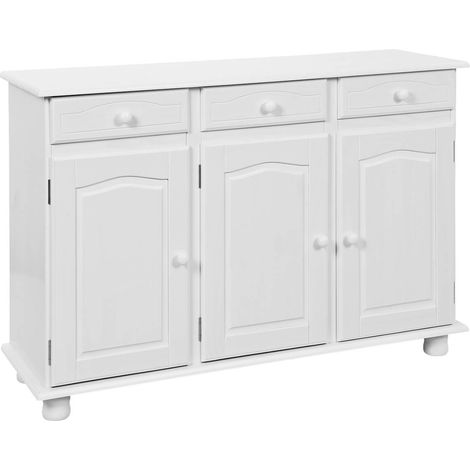 Altobuy – Buffet 3 portes 3 tiroirs en pin massif vernis blanc – Dimensions 130x43xH87 cm – Finition transparente pour veinage du bois (1/5)