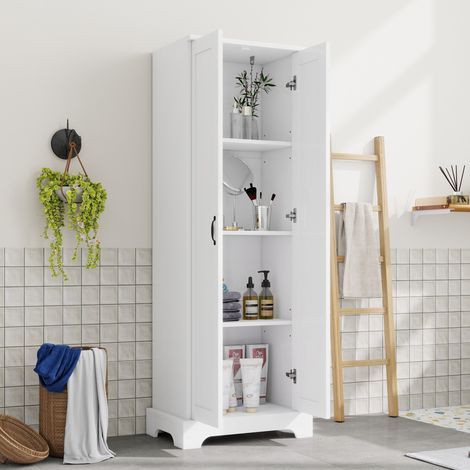 Armario alto de baño 56 x 40 x 170 cm en MDF blanco, 2 puertas, estantes regulables (1/5)