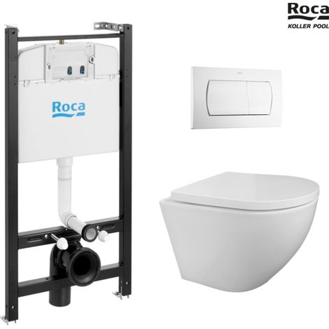 Bastidor ROCA Active pack cisterna empotrada y pulsador Blanco brillo con inodoro suspendido ROUND de KP blanco