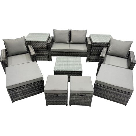 Fimous PE Rattan Garden Furniture Set Lounge Sofa Coffee Table Set with 2 Side Tables 4 Footstools Dark Grey Mixed (1/4)