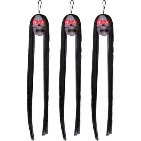 Tête De Mort Lumineuse - Décoration Halloween Suspendue Intérieur Extérieur - Avec Cheveux Longs Et Crochet - 1 Pièce (1/4)
