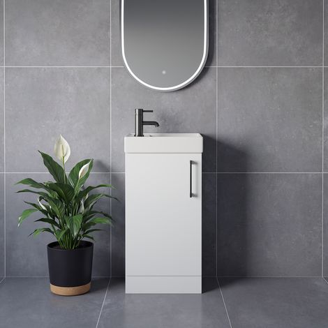 Napoli Cube Gloss White 400mm Single Door Vanity Unit with Align Basin - 400mm - Gunmetal Grey 160mm Handle