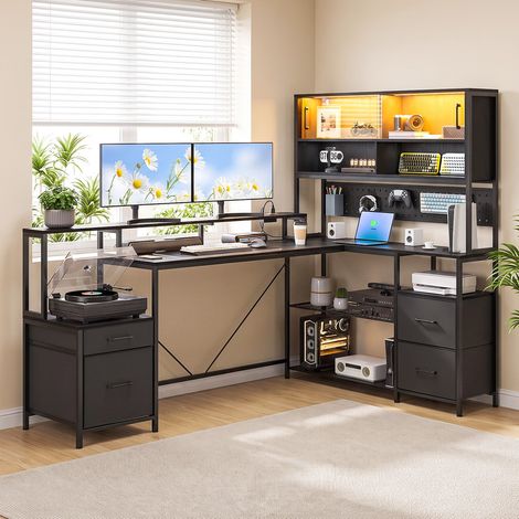 Bureau d'ordinateur - Table de jeu en forme de L - 4 Tiroirs et 2 casier - 3 prises et 2 ports USB - support d'imprimante - Lumière LED réglable - 190×117×153cm - Noir - Bureau,chambre,salle d'étude (1/5)