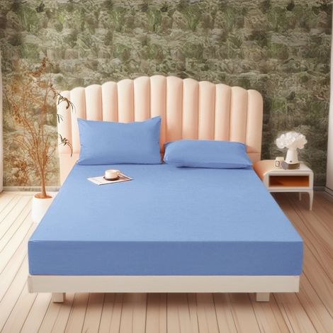 Parure de lit (avec deux taies d'oreiller 50 x 75 cm), en microfibre de polyester, adaptée aux matelas jusqu'à 30 cm d'épaisseur, 120 x 200 x 30 cm, bleu ciel (1/4)