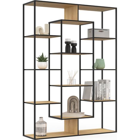 Idmarket – Bibliothèque DETROIT 11 compartiments – Design industriel noir et bois – Dimensions 104 x 30 x 143 cm – Résistance jusqu'à 10 kg par étagère