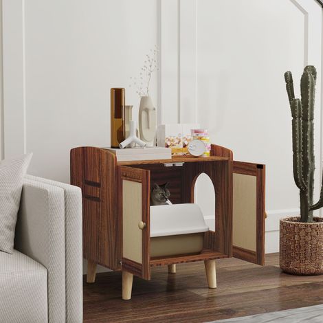 Table d’appoint 55x43x59,6 cm marron pour meubles de type bac à sable pour chats avec portes et tapis en sisal pour salon chambre