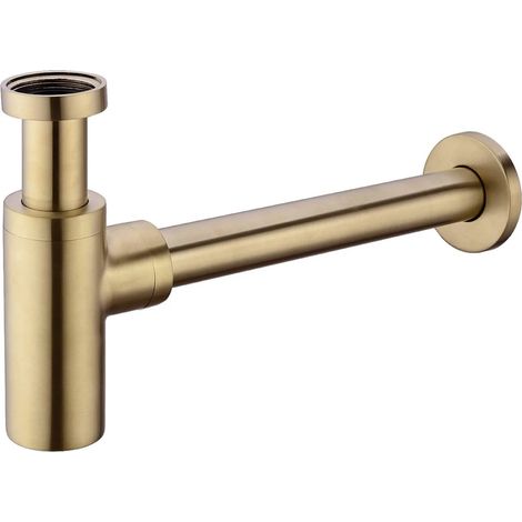 Bidon de vidange en laiton rond pour lavabo, siphon réglable en hauteur avec flexible, filetage 1-1/4, finition doré brossé, drain de bassin robuste (1/5)