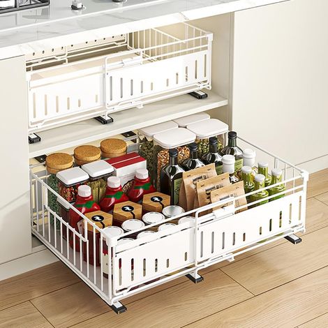 Tiroir Coulissant Cuisine Adhesif Tiroir Coulissant Extensible à Largeur Réglable Organisateur D'Armoires (Blanc, 2pièces 38Dx17Hx32-50H CM) (1/5)