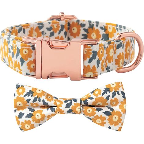 Collier Chien Avec Nœud Papillon - Coton Floral Imprimé Marguerite - Boucle Métallique Robuste - Réglable pour Chien Petit Moyen Grand et Chat - 1 Pièce