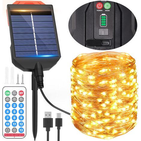 Guirlande lumineuse solaire d'extérieur avec port Type-C, 30 m, 300 LED en fil de cuivre, 13 modes et télécommande, étanche IP65, idéale pour toutes les occasions