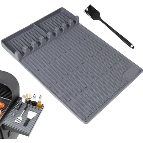 Tapis de cuisson pour table d'appoint, en silicone, avec pinceau à badigeonner et trous de suspension, gris. (1/5)