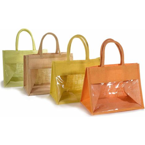 Borsette in juta con finestra trasparente e manici in corda di cotone per confezioni regalo, set da 4 pezzi, cm 36x29x24 H (con manici41)
