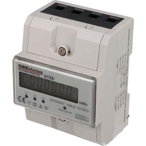 Compteur électrique triphasé 80A – Affichage LCD – Montable en coffret modulaire sur rail DIN – 4 modules de largeur – Inepro
