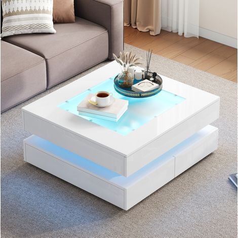 Table basse carrée 70 x 70 x 35 cm, plateau verre trempé, 3 tiroirs, éclairage LED pilotable par appli, blanc laqué (1/5)