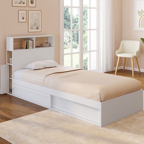 Cama individual CLEM con almacenaje, cabecero y somier de 90 x 190 cm blanco y haya (1/5)