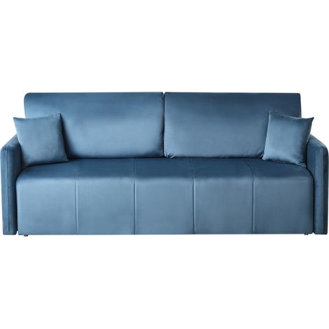 Sofá moderno de 3 plazas de terciopelo con cojines adicionales y función cama azul Egge