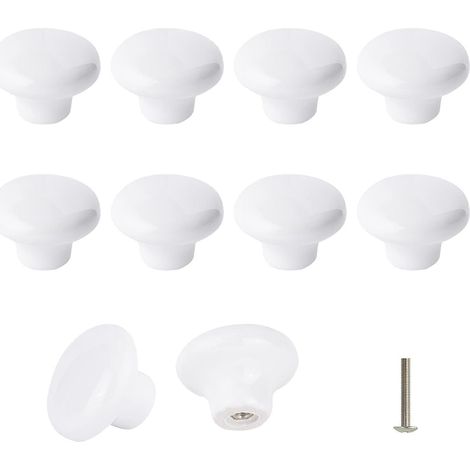 Pack of 10 White Ceramic Knob, Ceramic Door Handle, Retro Round Ceramic Cabinet Drawer Kitchen Pull Handle 32mm with 3 Sizes Screws