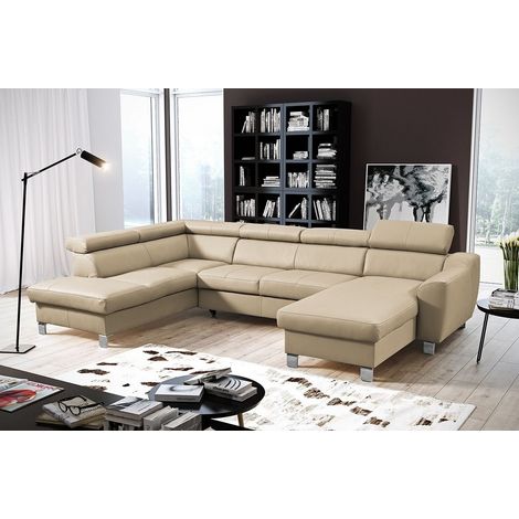 Canapé d'angle convertible en cuir italien de luxe 7/8 places ASTON, beige, angle gauche (1/5)