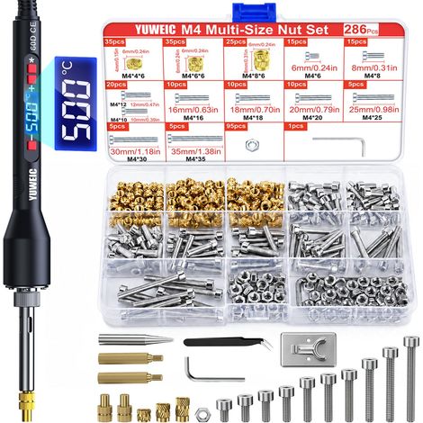 Kit d’inserts filetés à chaud – 286 pièces avec fer à souder numérique 60W, support, pince et écrous, vis et capuchons M4 pour réparation de filets plastiques et projets DIY (1/5)