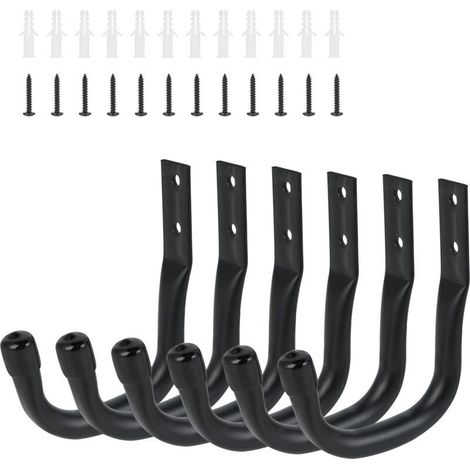 6 crochets muraux - support vélo mural robuste, porte-vélo mural noir pour garage, crochets en J pour échelle, rangement vélos, outils électriques, tuyaux d’arrosage, chaises pliantes - 9 cm (1/5)