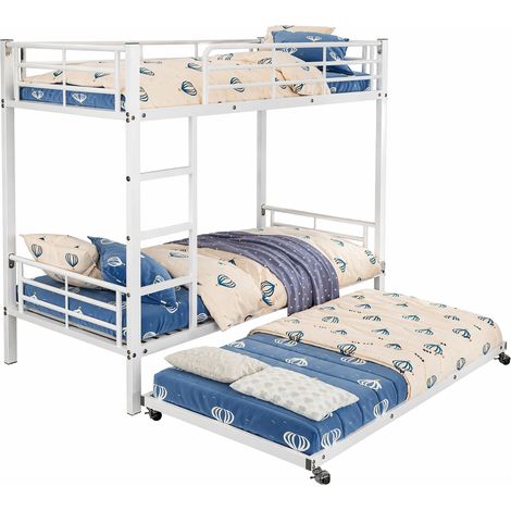 Lit superposé en métal blanc avec lit gigogne, 3 places, barres de sécurité, échelle droite, pour enfants et adolescents, idéal petit espace, 204x95x160 cm - CHICFURN (1/5)