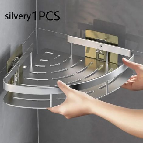 (1 pièce argentée) Étagère murale de salle de bain en alliage d'aluminium, étagère d'angle pour douche, installation sans perçage, robuste, noire (1/5)