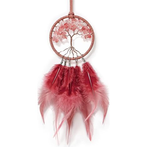 Attrape de Rêves Petit Faite Main Capteur de Rêves en Plumes Voiture Décoration Attrape Rêve Arbre de Vie Dreamcatcher pour Chambre Voiture Maison, Rouge (1/5)