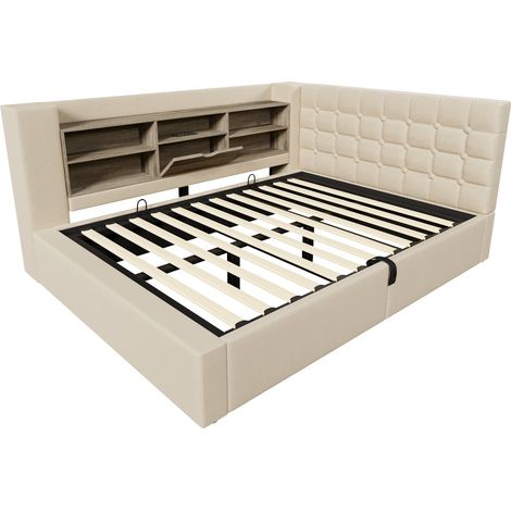 Cama tapizada 140x190 cm con LED, almacenamiento hidráulico y cabecero en L, lino beige (1/5)